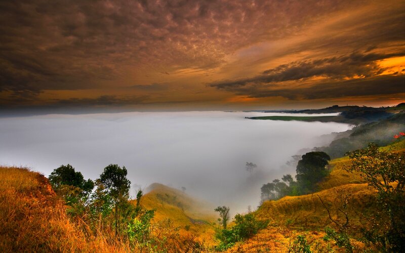 Mountain Valley with Fog — Orange