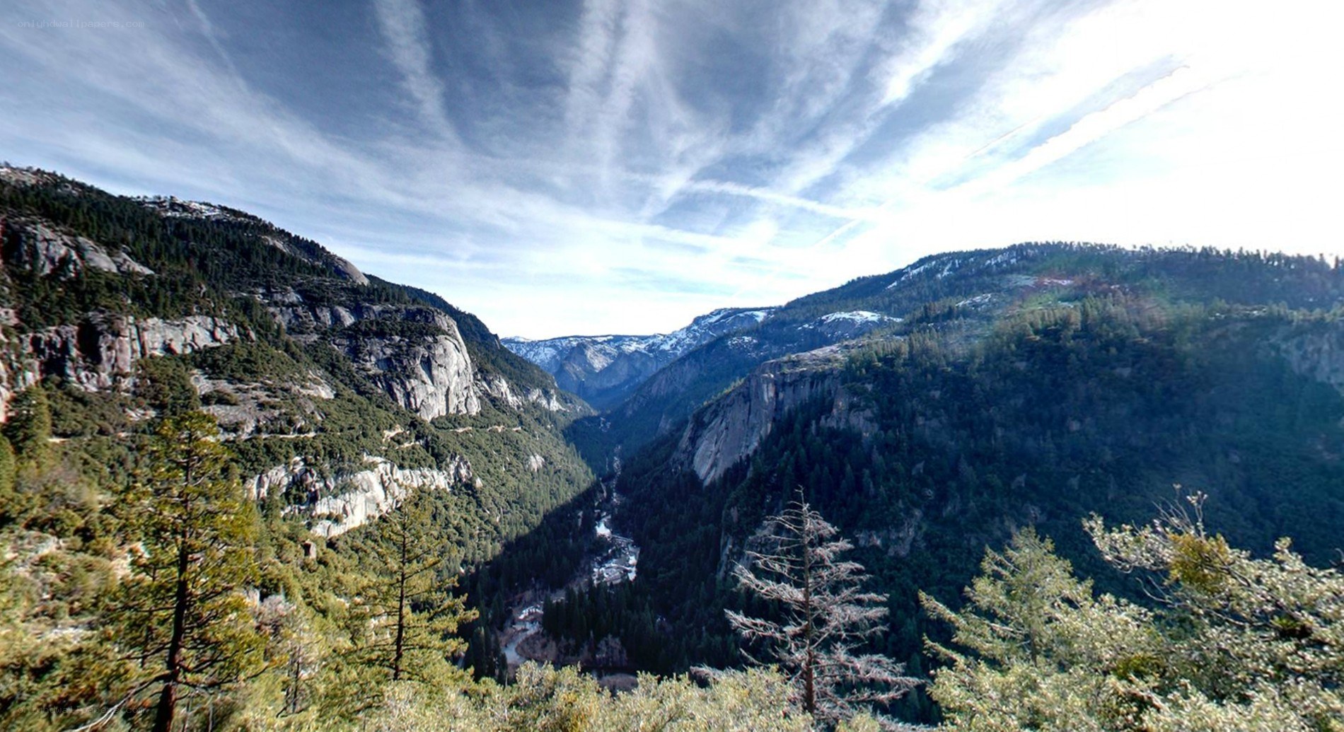 Mountain valley with forest and snow