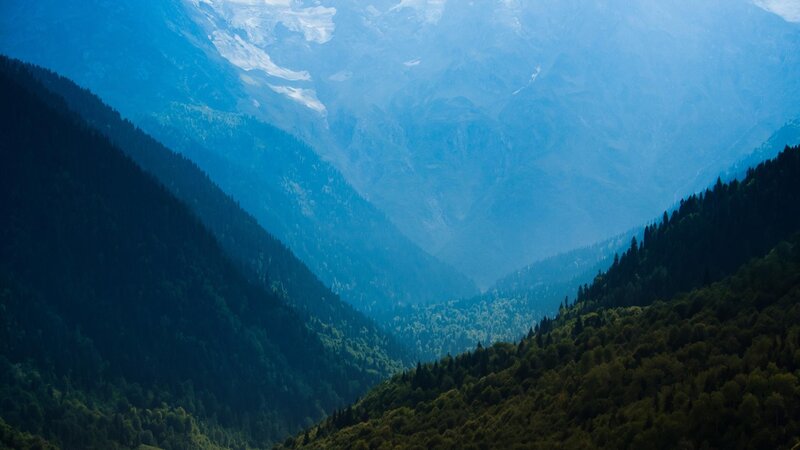 Mountain Valley with Forest — Blue