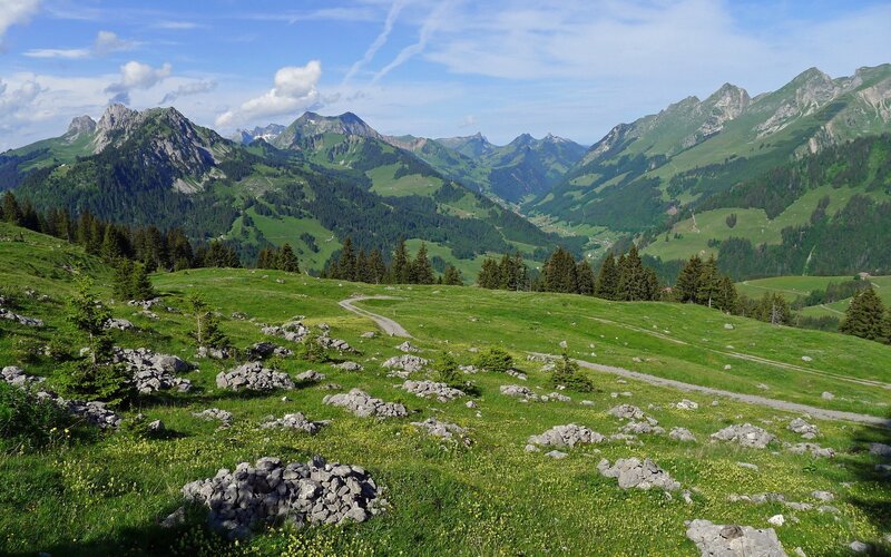 Mountain valley with green hills