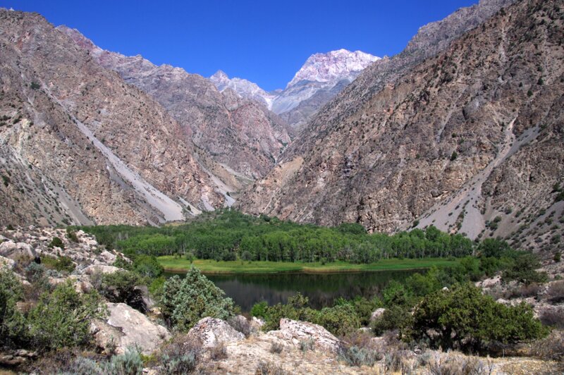 Mountain Valley with Lake — Blue