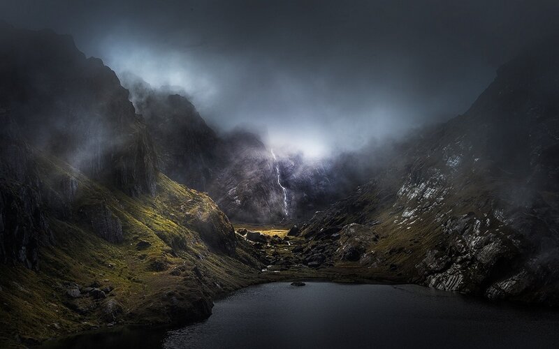 Mountain Valley with Lake — Dark Gray