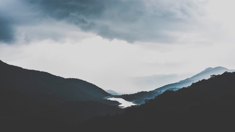 Mountain Valley with Lake — Gray
