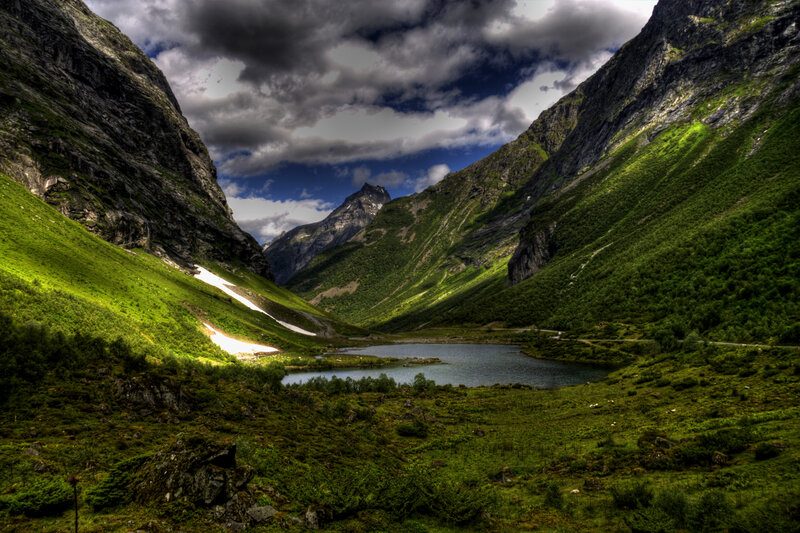 Mountain Valley with Lake — Green, Dramatic