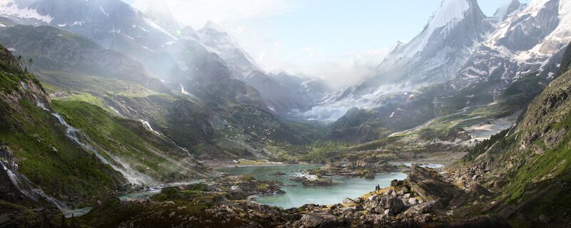 Mountain Valley with Lake — Green, Serene, Afternoon, Digital Art