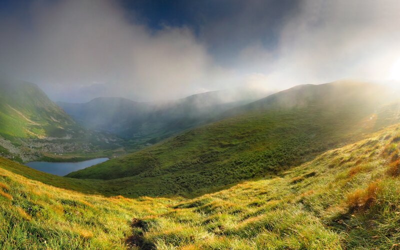 Mountain Valley with Lake — Green, Serene, Morning