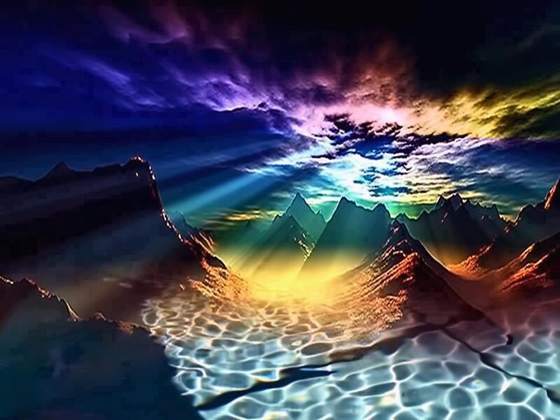 Mountain Valley with Light Beams