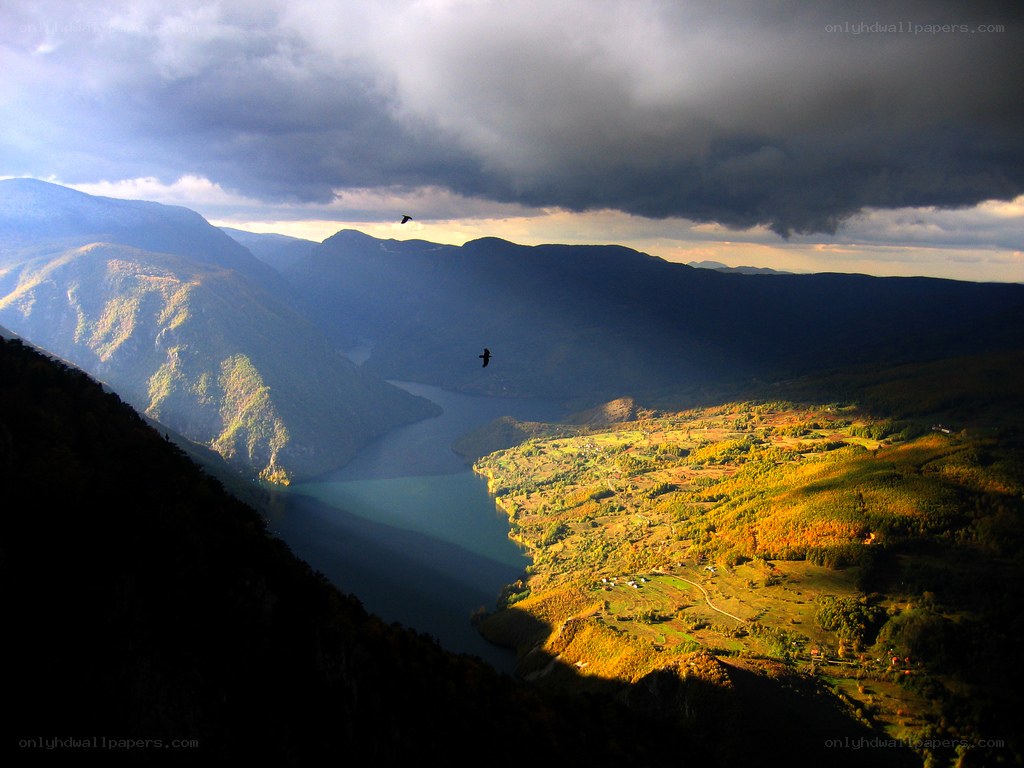Mountain valley with river and birds