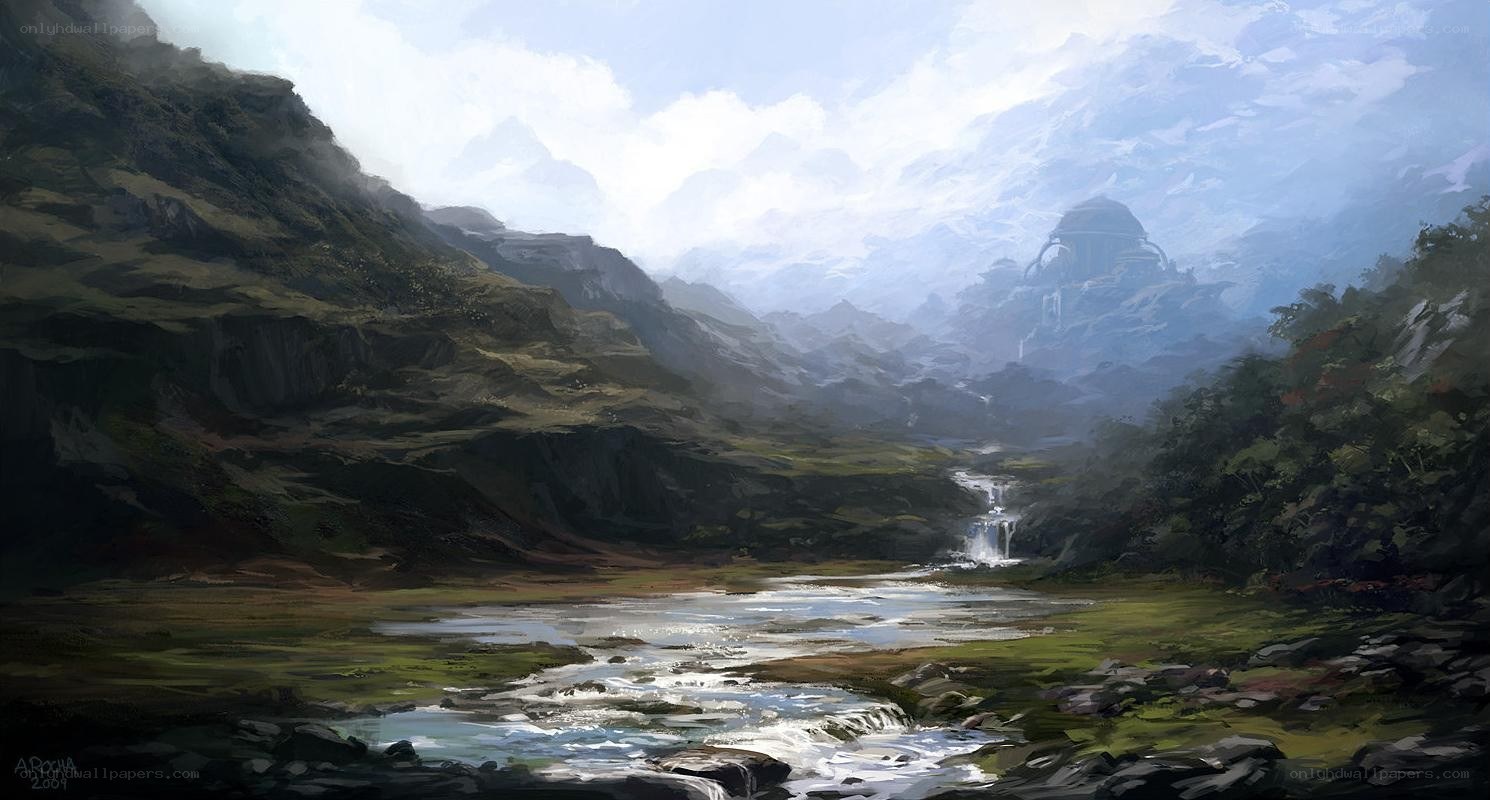 Mountain valley with river and distant temple