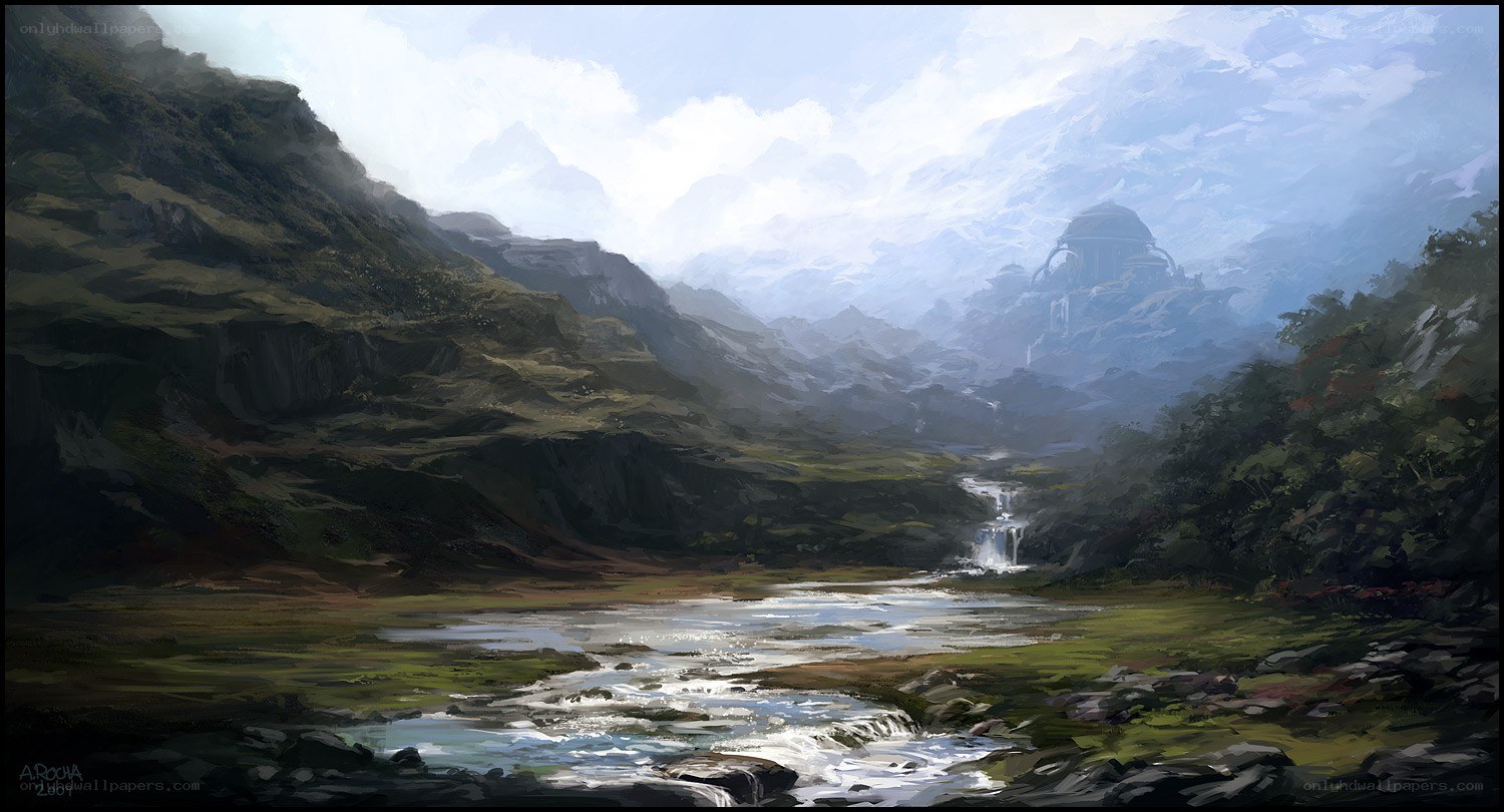 Mountain valley with river and distant temple