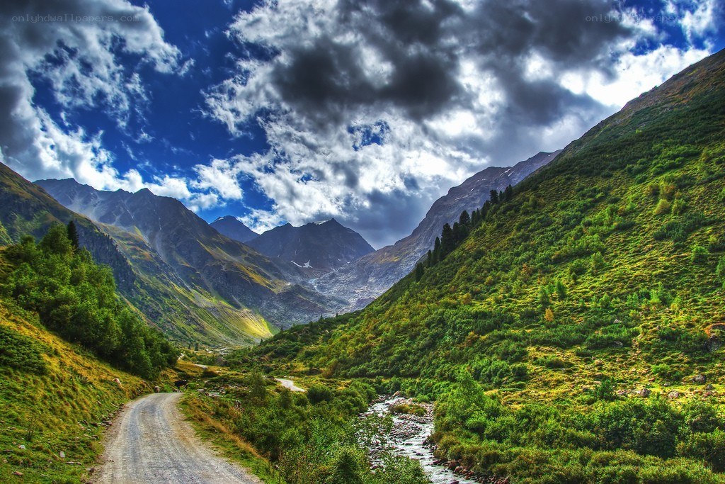 Mountain valley with river and road
