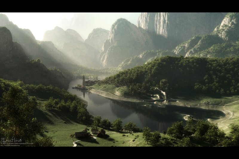 Mountain valley with river and village