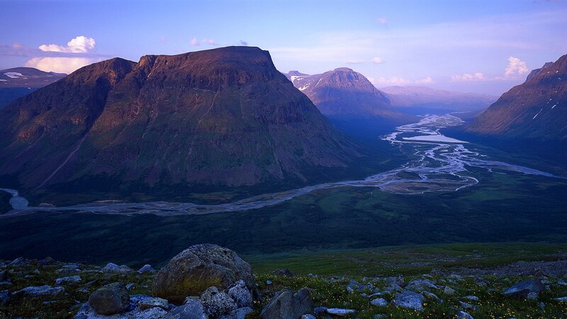 Mountain Valley with River — Blue
