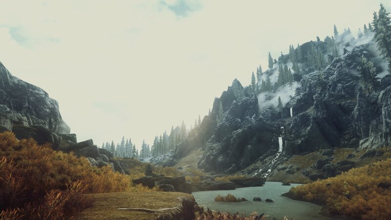 Mountain Valley with River — Gray