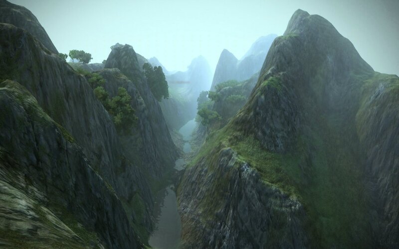 Mountain Valley with River — Green, Misty, 3d Render