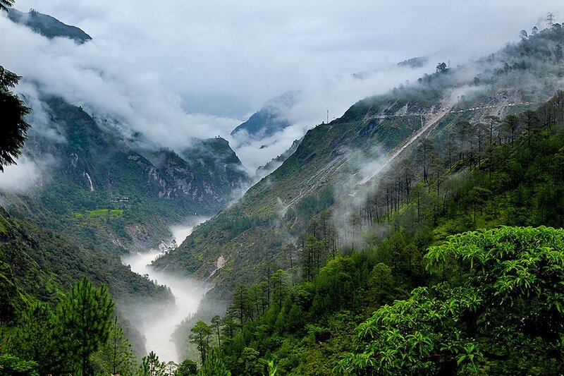 Mountain Valley with River — Green, Misty, Photograph, Clouds