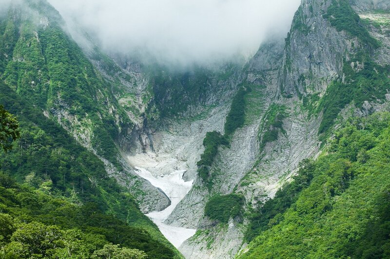 Mountain Valley with River — Green, Misty, Photograph