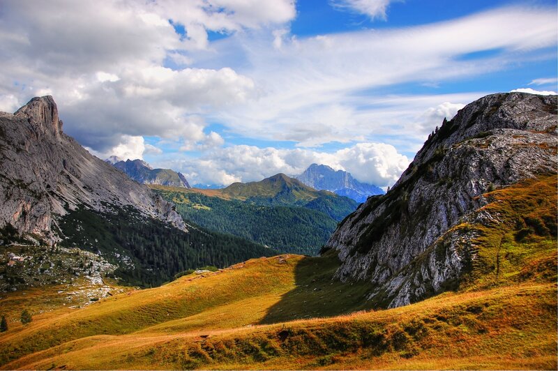 Mountain valley with rocky peaks