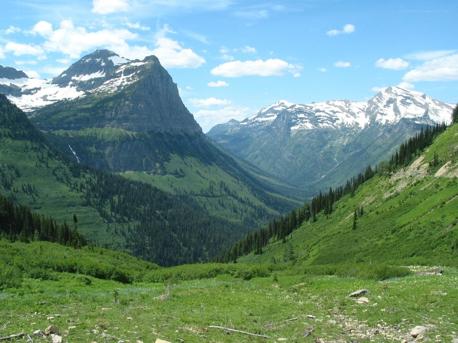 Mountain valley with snow-capped peaks