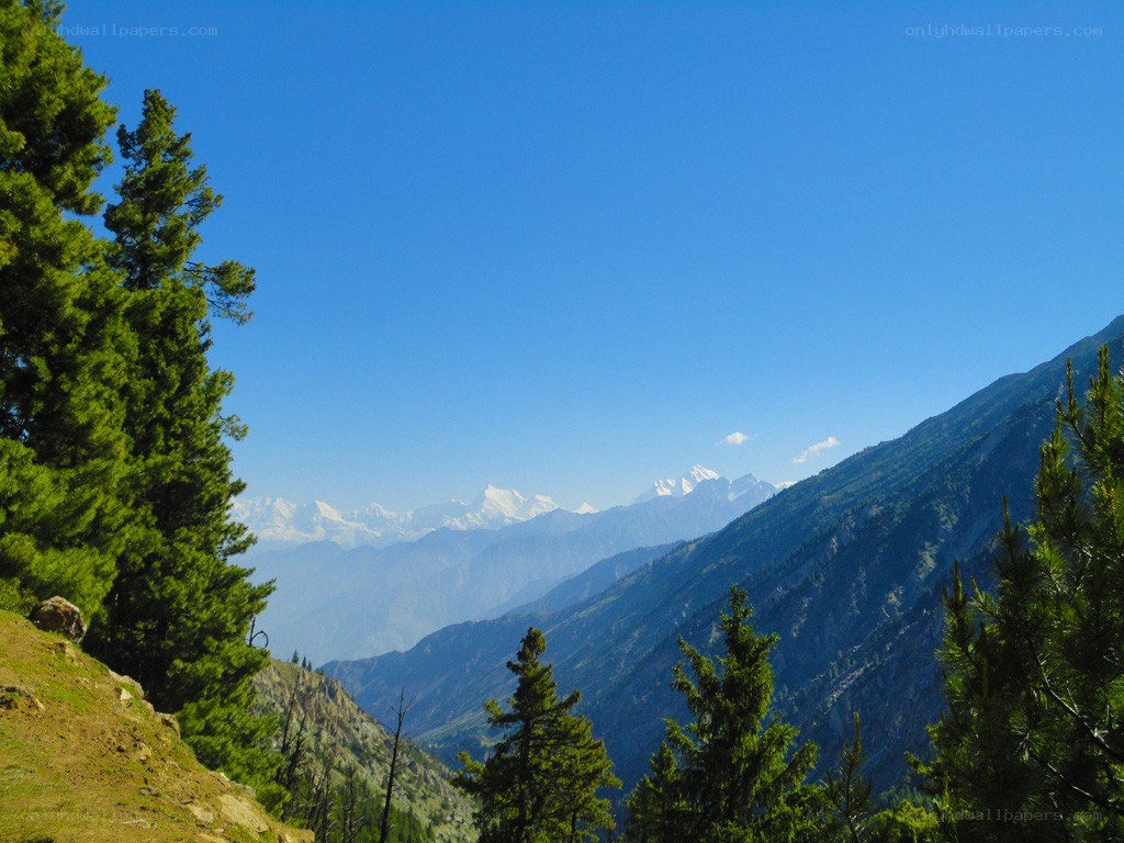 Mountain valley with snow-capped peaks