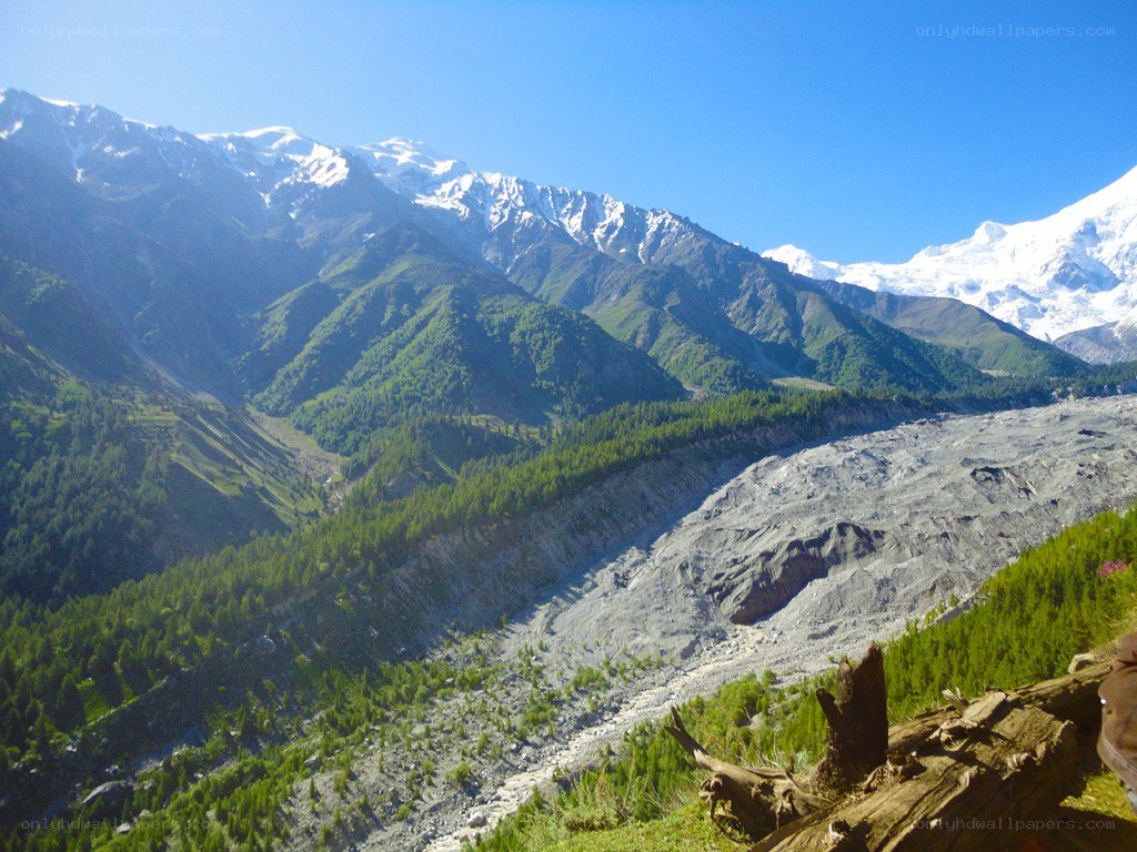Mountain valley with snow-capped peaks