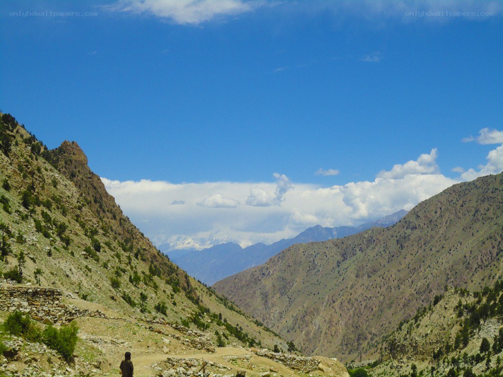 Mountain valley with snow-capped peaks