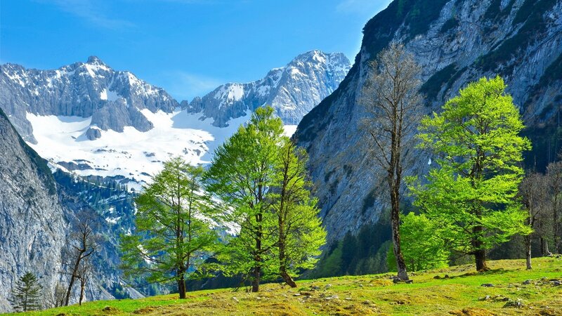 Mountain valley with snow-capped peaks