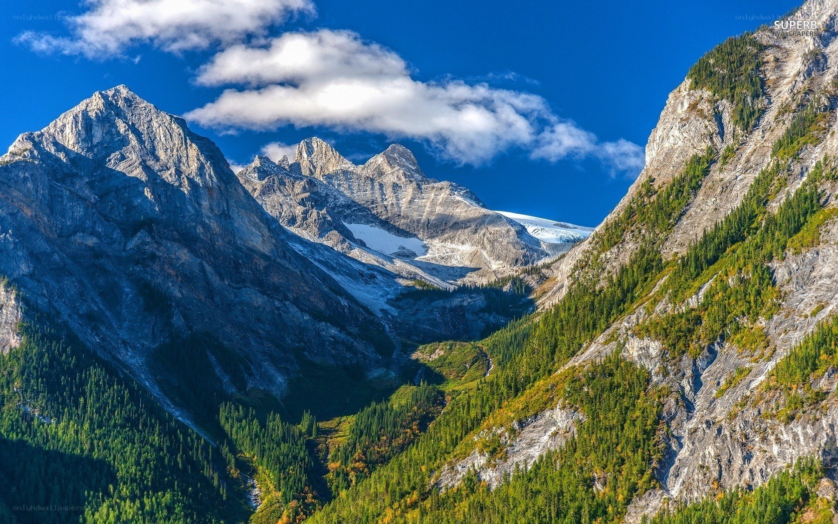 Mountain valley with snow-capped peaks