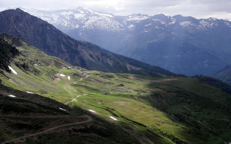 mountain valley with snow-capped peaks