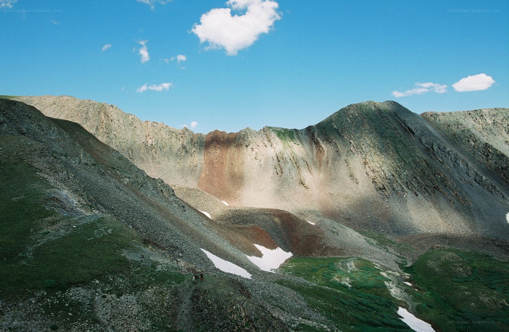 Mountain valley with snow patches