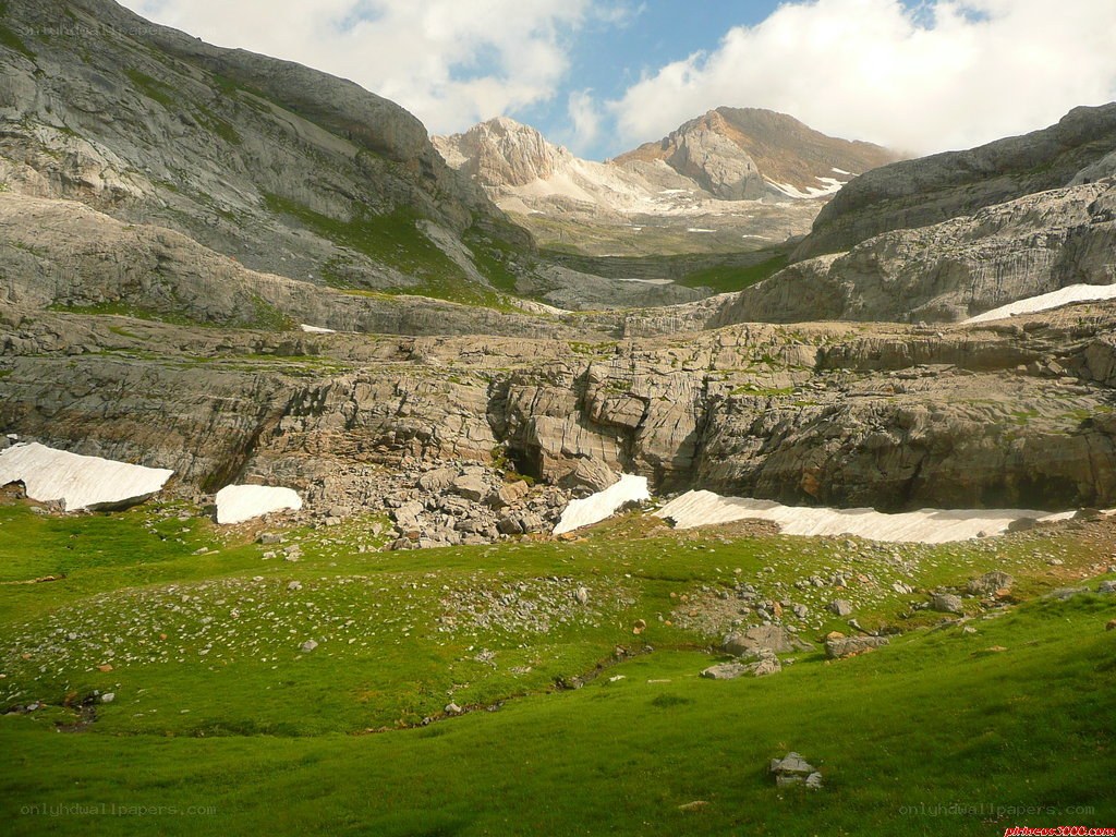 mountain valley with snow patches