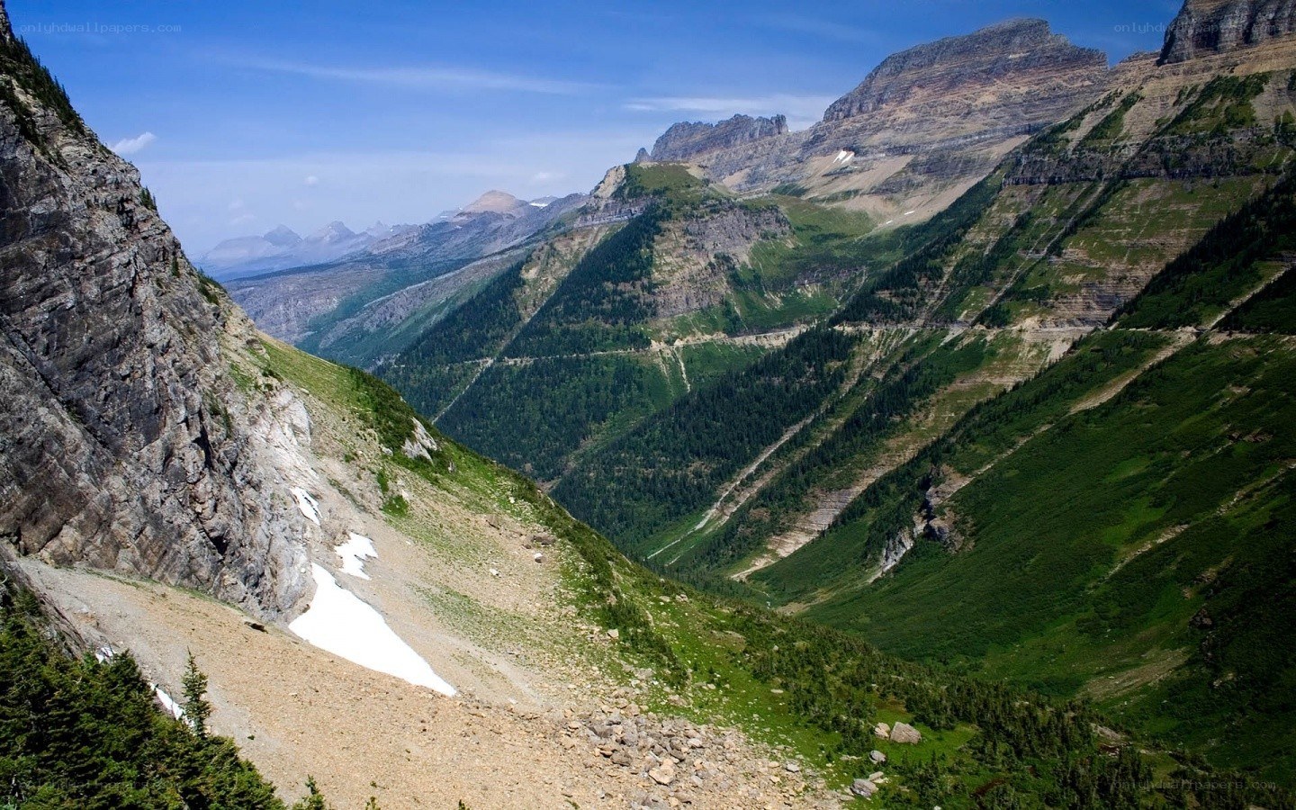 Mountain valley with snow patches