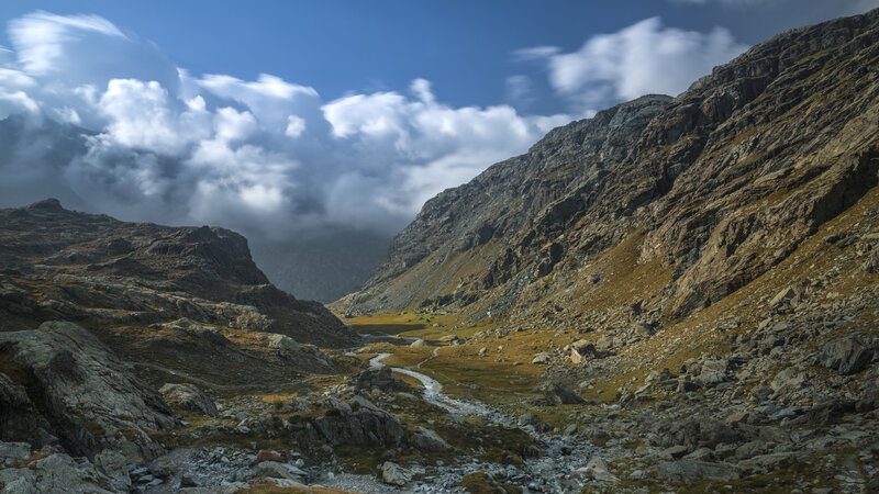 Mountain Valley with Stream — Blue, Dramatic