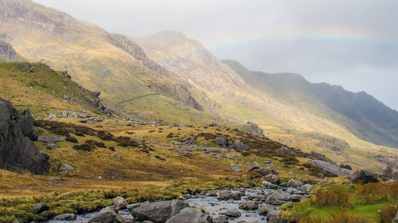 Mountain Valley with Stream — Green, Serene, Morning, Photograph, Mountains