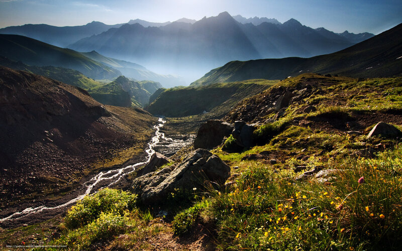 Mountain Valley with Stream — Green, Serene, Morning