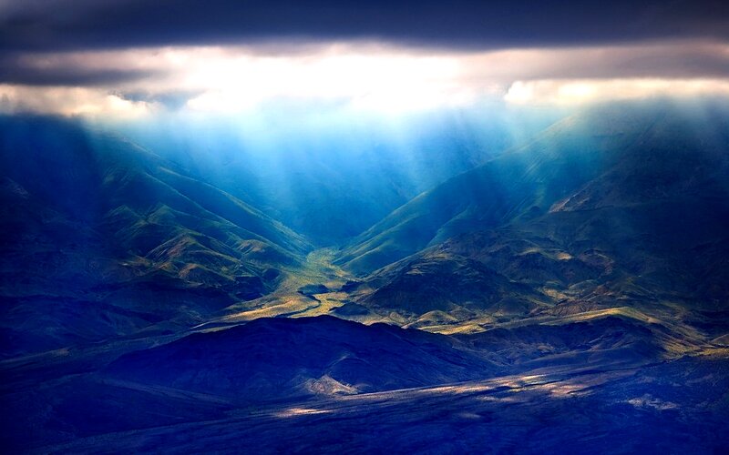Mountain Valley with Sunbeams — Blue