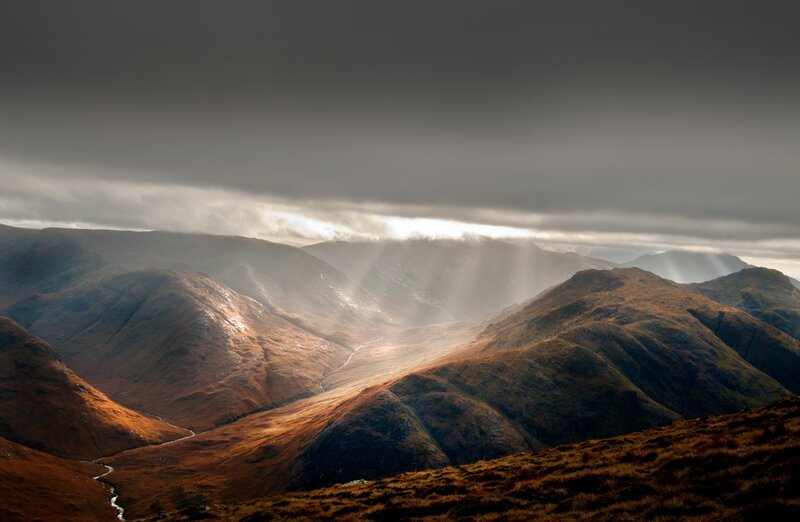Mountain Valley with Sunbeams — Brown