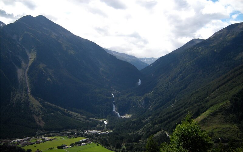 Mountain valley with waterfall