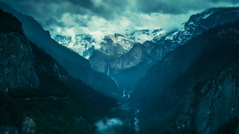 Mountain Valley with Waterfall — Blue