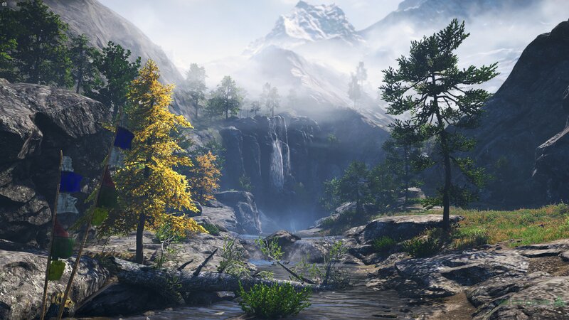 Mountain Valley with Waterfall — Green, Serene, Morning
