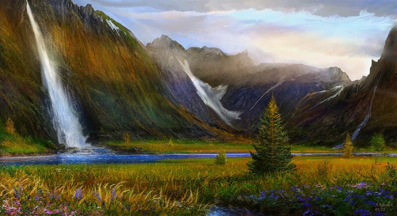 Mountain Valley with Waterfall — Green, Serene