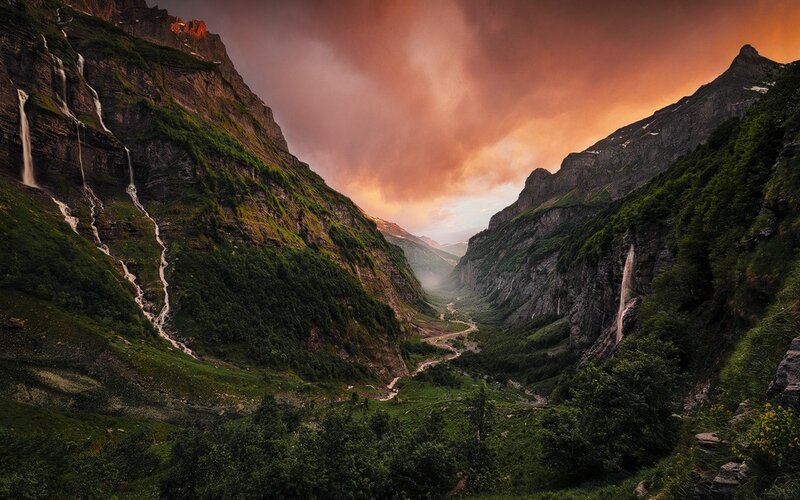 Mountain Valley with Waterfalls