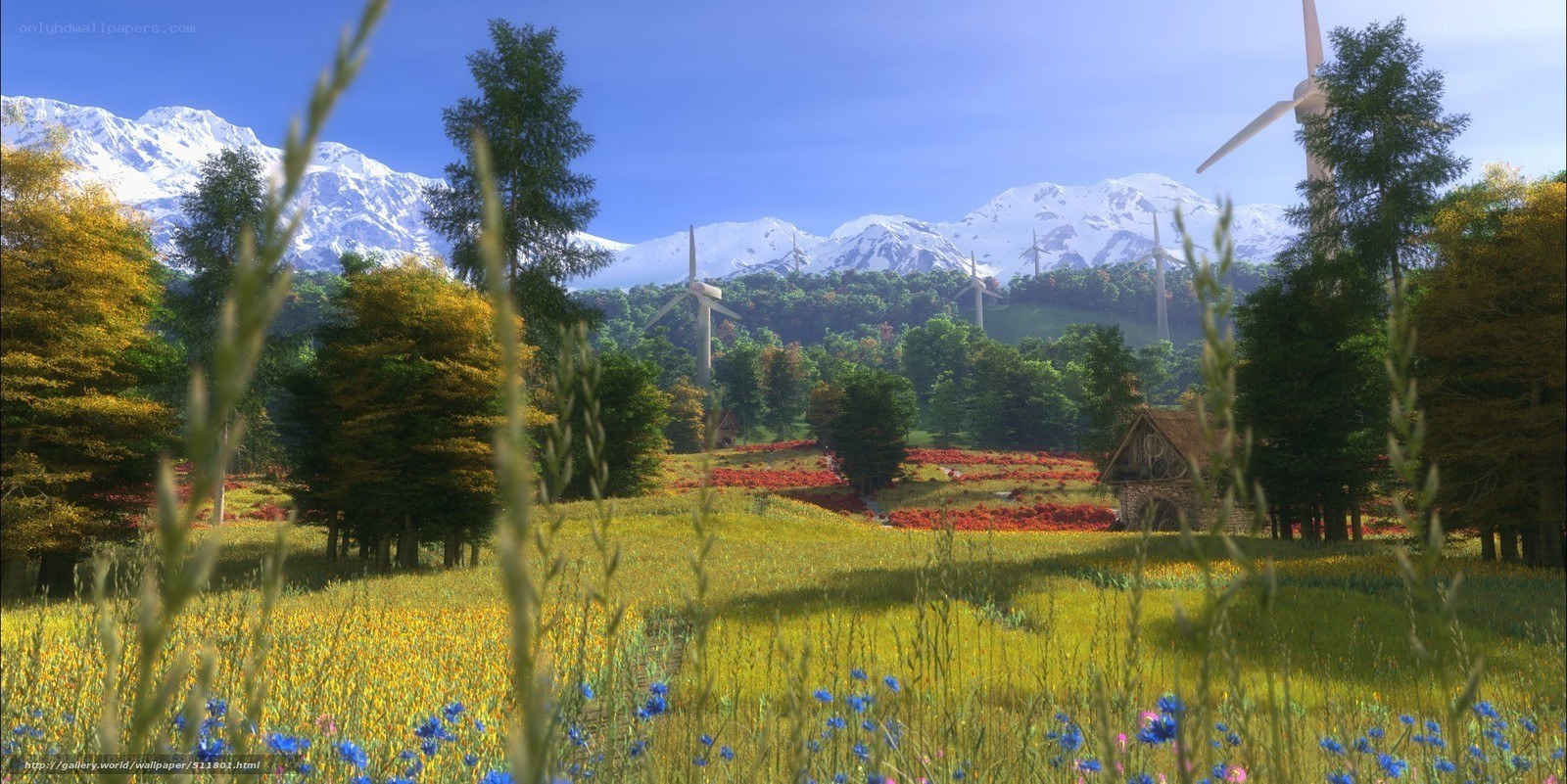 Mountain valley with wind turbines