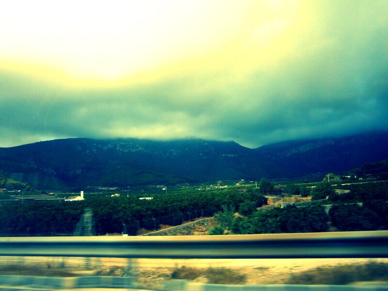 mountain view from a moving car