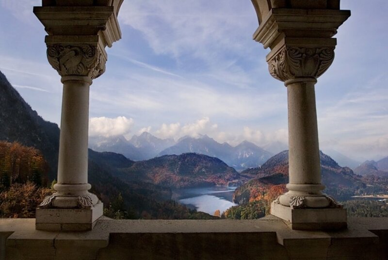 Mountain view from a stone balcony