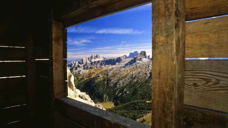 Mountain view from wooden shelter