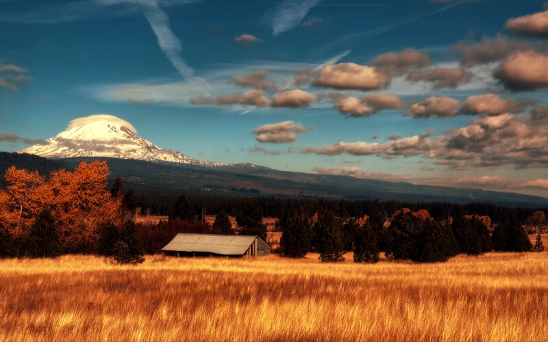 Mountain view with barn and autumn field