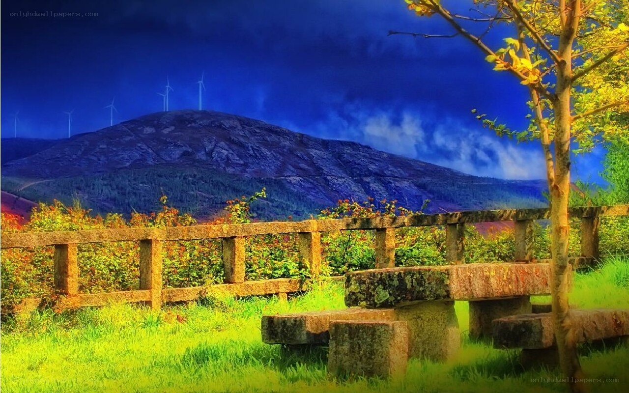 Mountain view with wind turbines