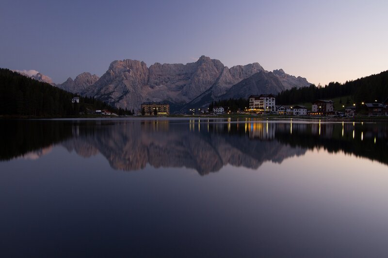 Mountain Village at Dusk — Blue, Serene, Sunset, Photograph, Lake