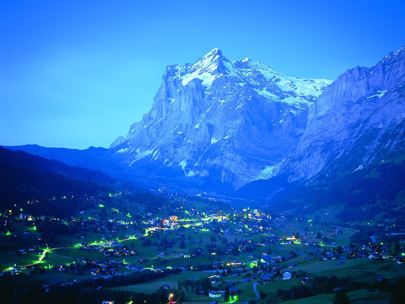 Mountain Village at Dusk — Blue